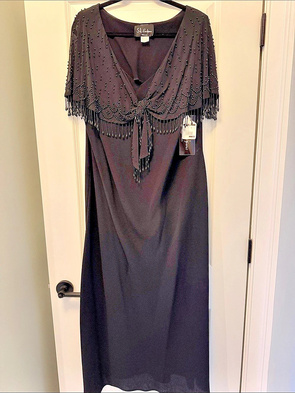 SL Fashions Beaded Capelet Long Dress Black